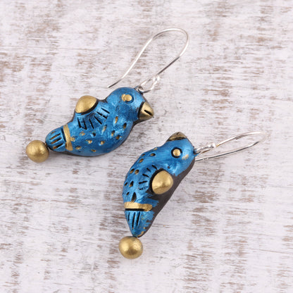 Dancing Sparrow Hand Crafted Terracotta Blue Bird Earrings from India