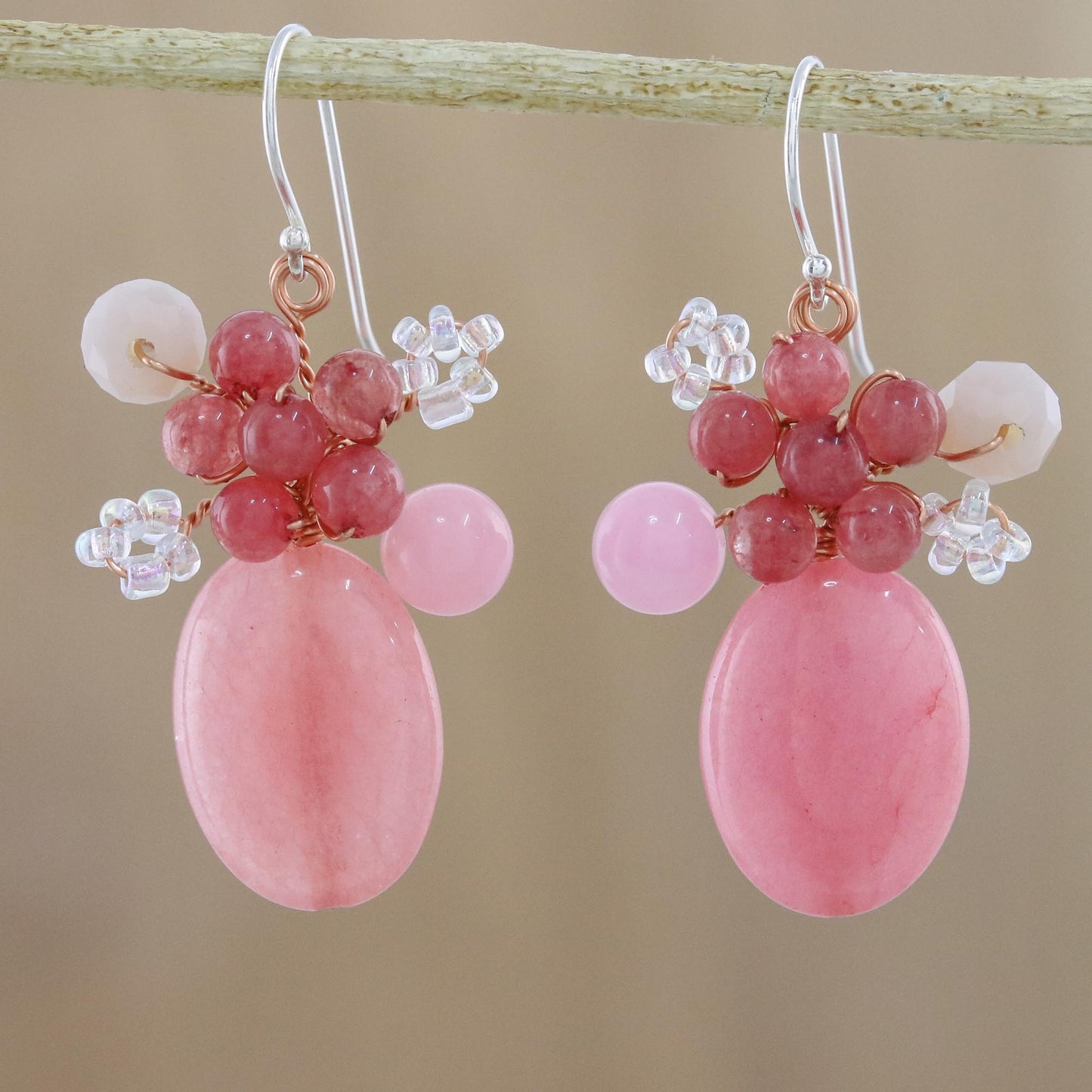 Blossom Blush Handmade Pink Quartz Beaded Dangle Earrings from Thailand