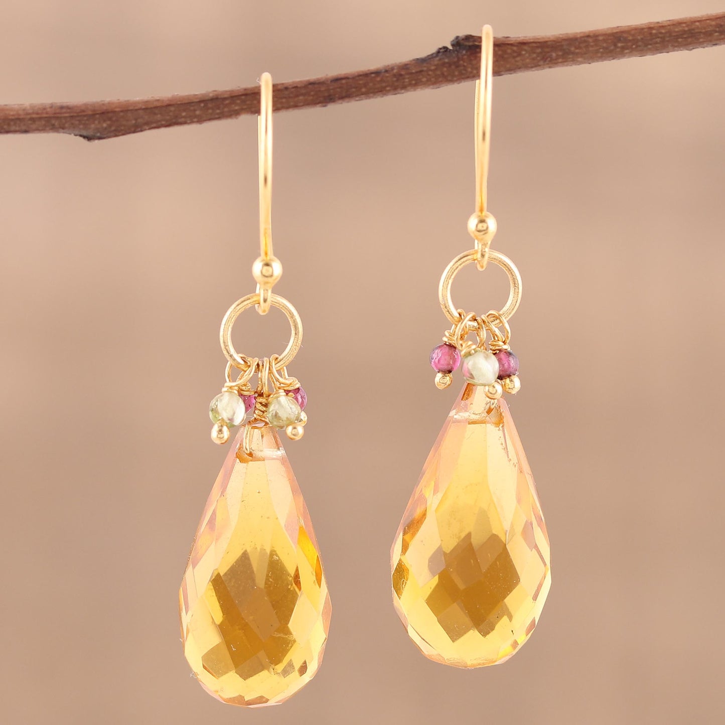 Sunset Raindrops Handmade 22k Gold Plated Sterling Silver Gemstone Earrings