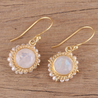 White Harmony 22k Gold Plated Rainbow Moonstone Cultured Pearl Earrings