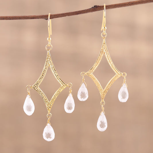 Cascading Drops Crystal Quartz 22k Gold Plated Sterling Silver Earrings