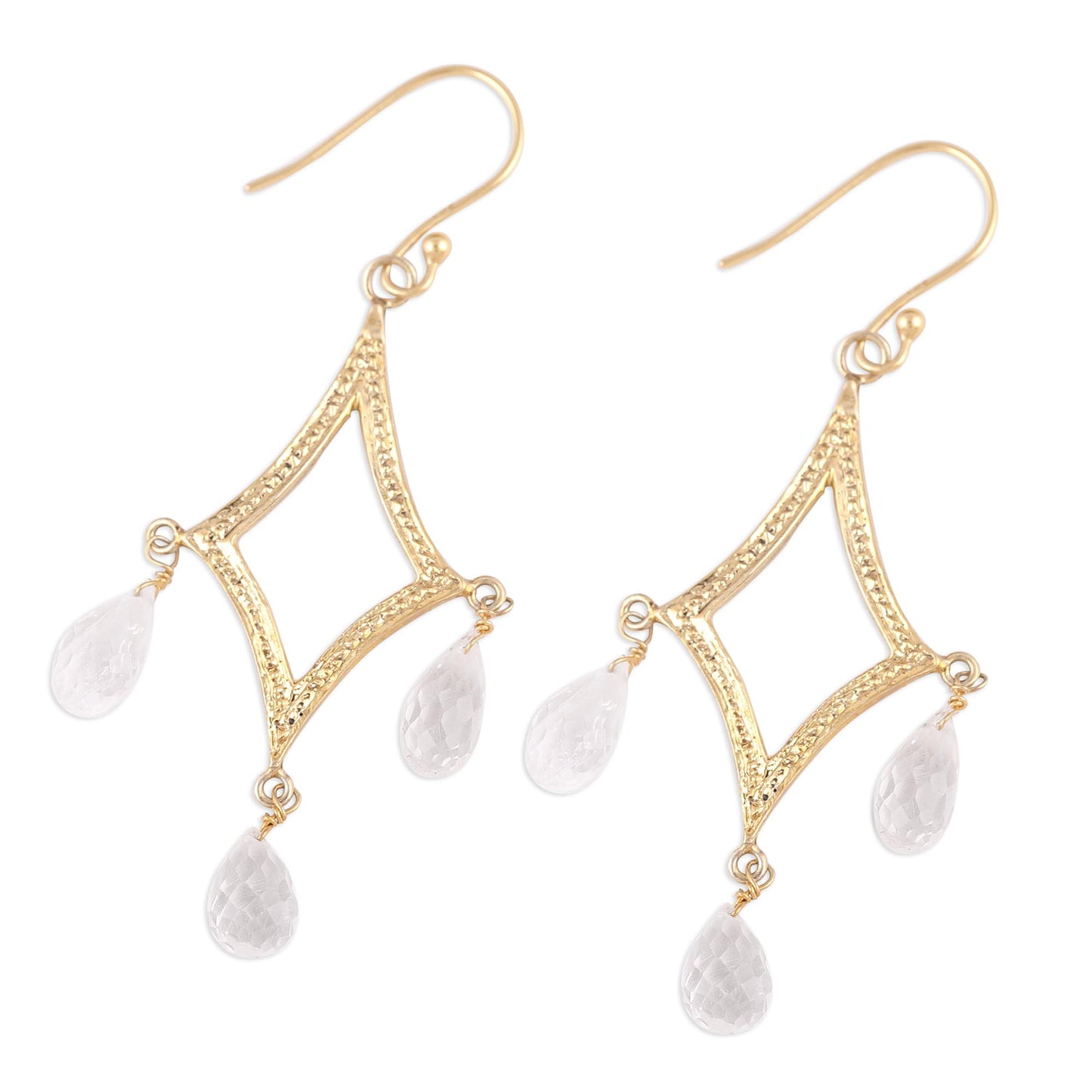 Cascading Drops Crystal Quartz 22k Gold Plated Sterling Silver Earrings