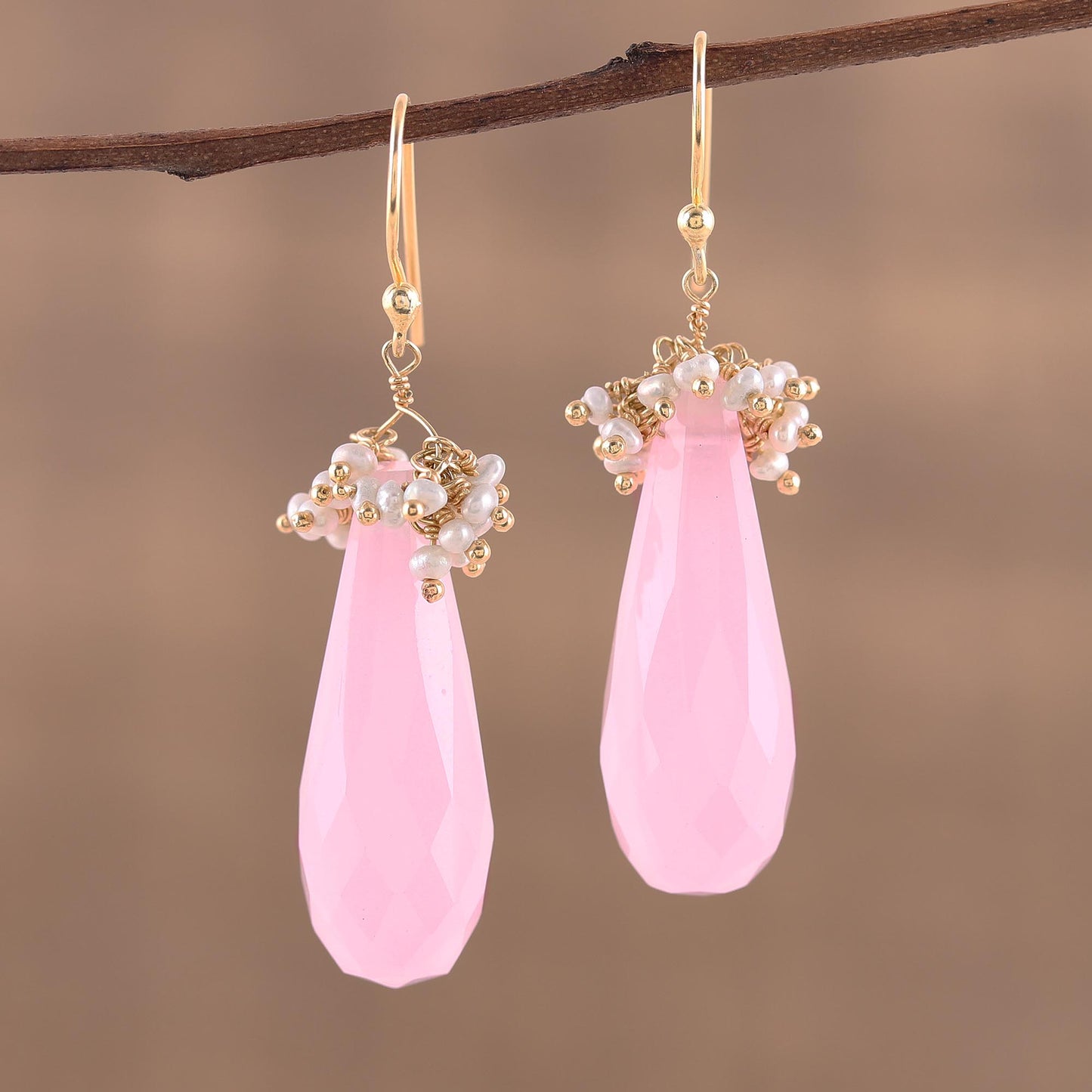 Devoted Rose Handmade 22k Gold Plated Rose Quartz Cultured Pearl Earrings