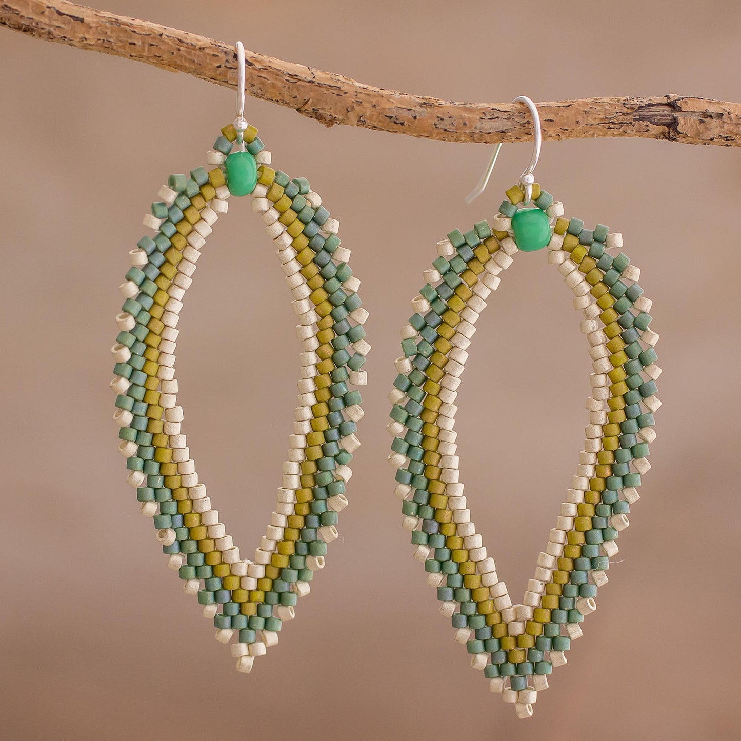 River Leaf Green and Ivory Leaf-Shaped Beaded Dangle Earrings
