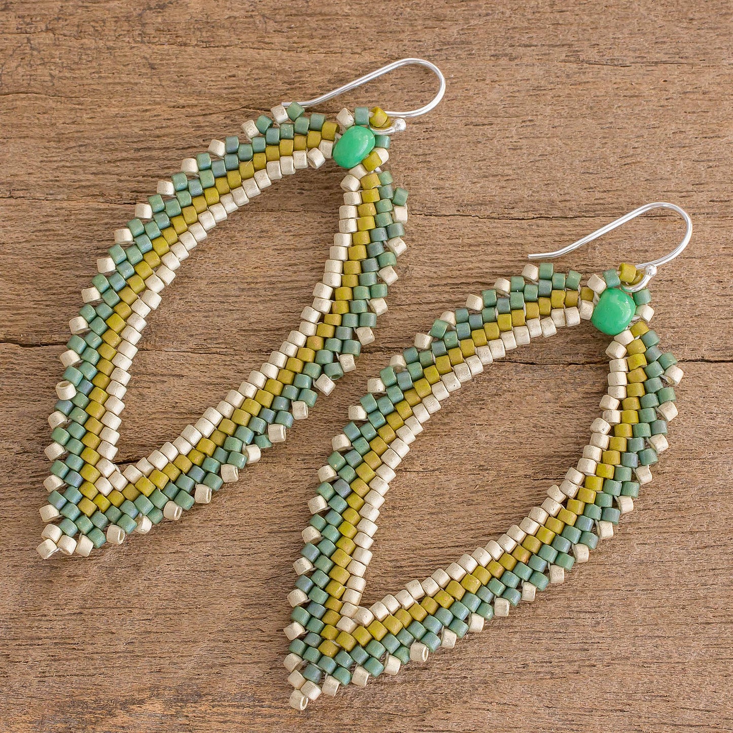 River Leaf Green and Ivory Leaf-Shaped Beaded Dangle Earrings