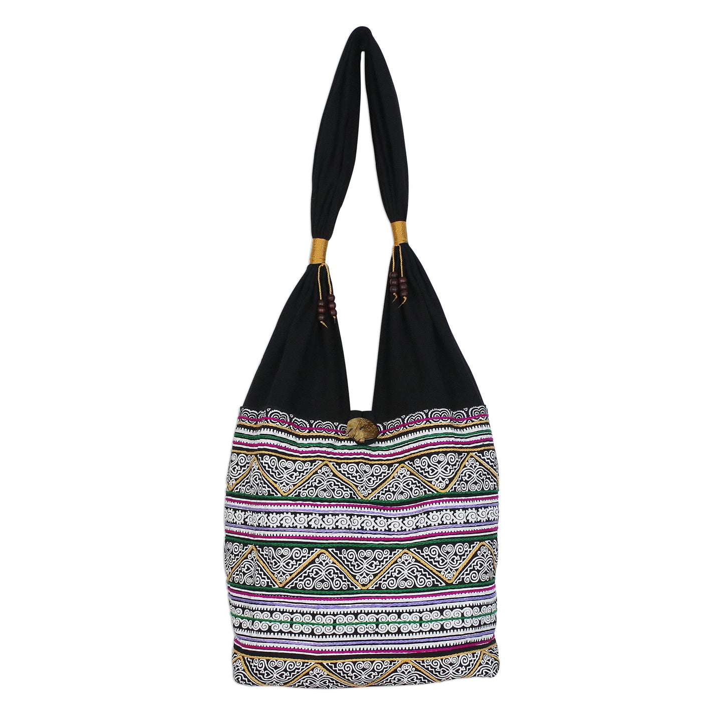 Thai Spirals Multicolored Embroidered Cotton Shoulder Bag from Thailand