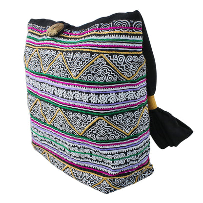 Thai Spirals Multicolored Embroidered Cotton Shoulder Bag from Thailand