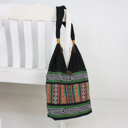 Thai Hillside Embroidered Multicolored Cotton Shoulder Bag from Thailand