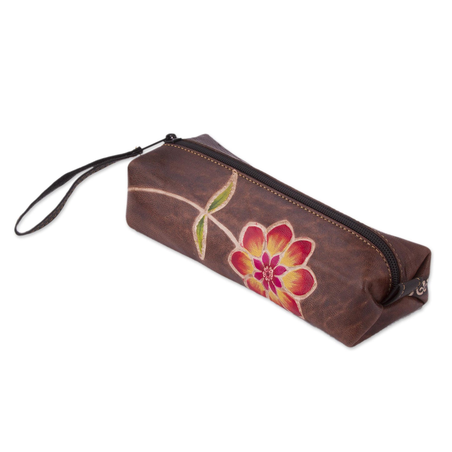 Moray Flower Brown Leather Pencil Case with Hand Painted Flower