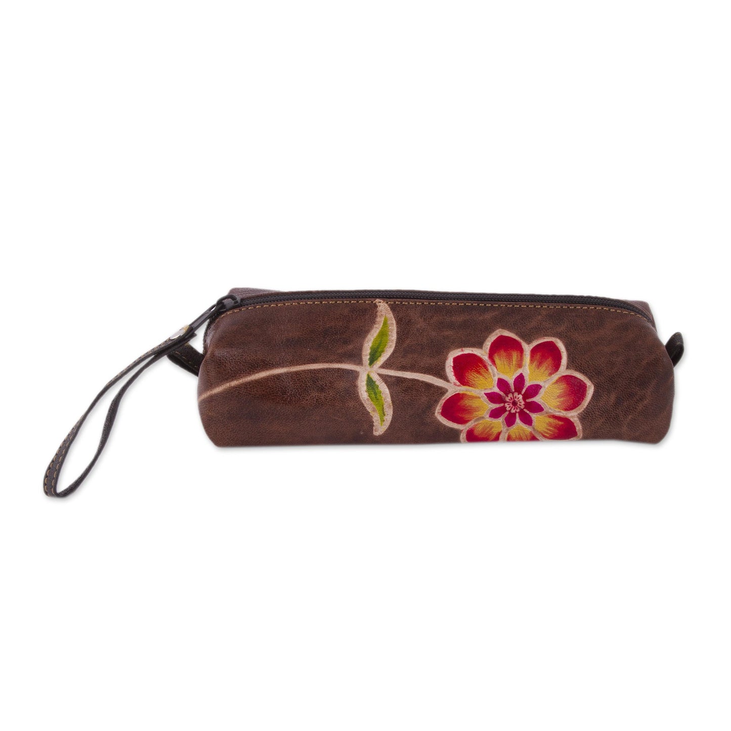 Moray Flower Brown Leather Pencil Case with Hand Painted Flower