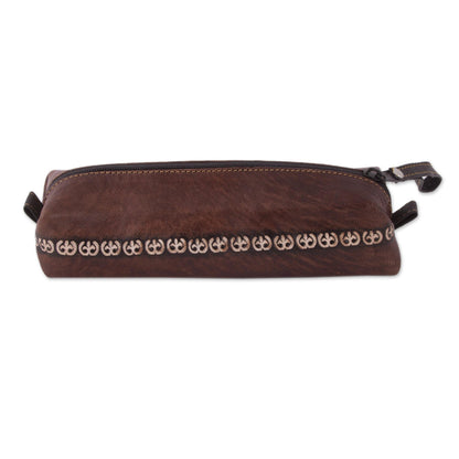 Moray Flower Brown Leather Pencil Case with Hand Painted Flower