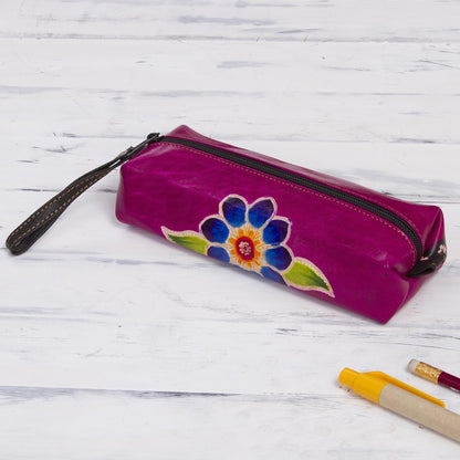 Cusco Bloom Magenta Leather Pencil Case with Hand Painted Flower