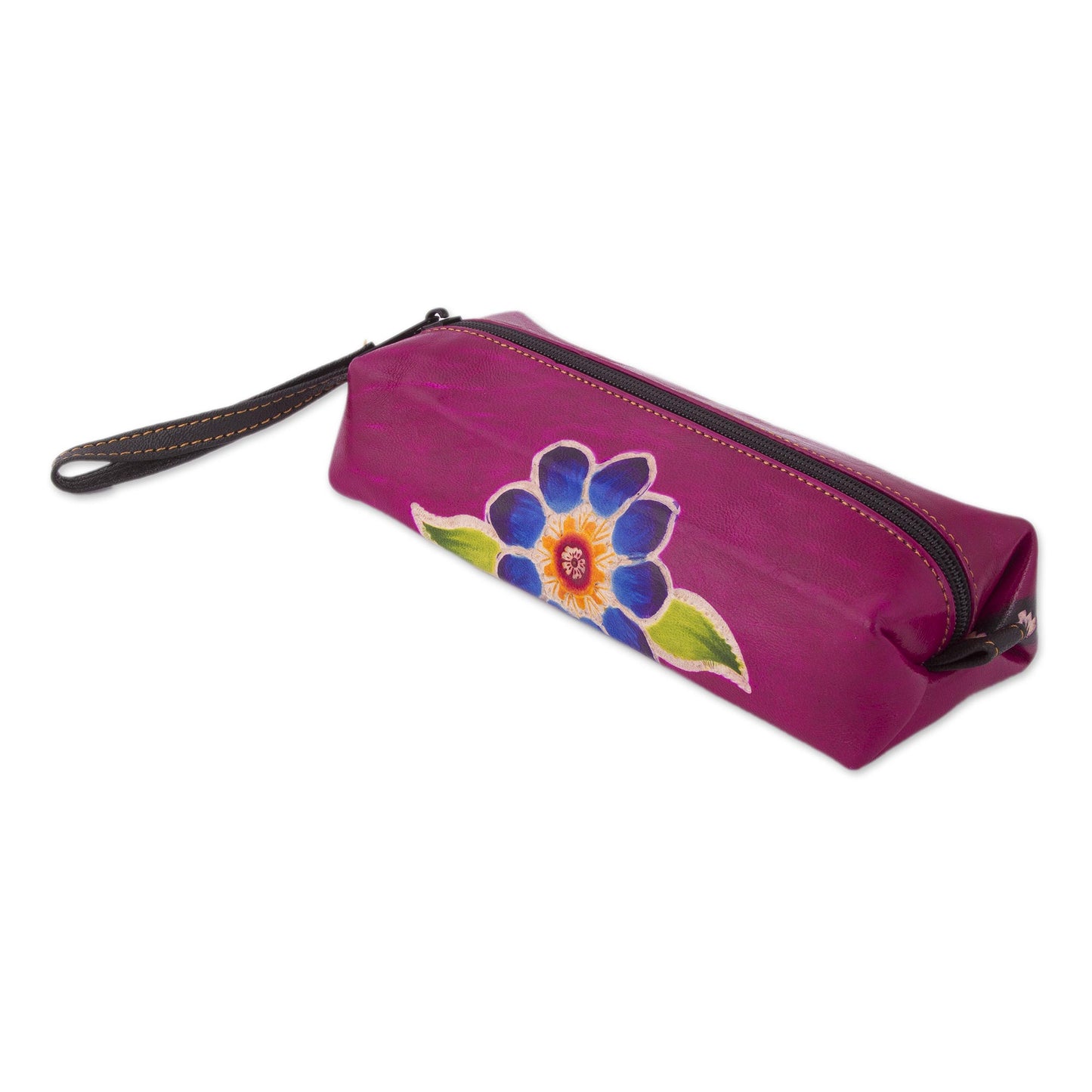 Cusco Bloom Magenta Leather Pencil Case with Hand Painted Flower