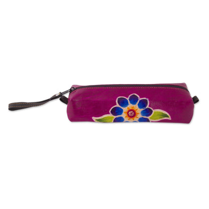 Cusco Bloom Magenta Leather Pencil Case with Hand Painted Flower