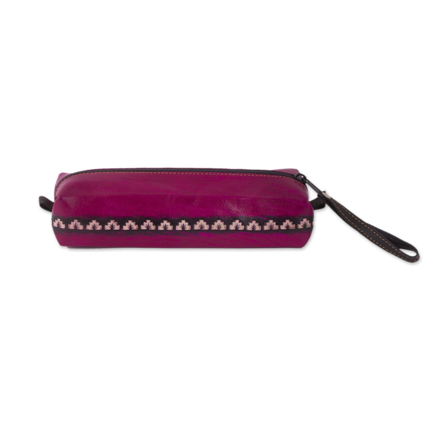 Cusco Bloom Magenta Leather Pencil Case with Hand Painted Flower