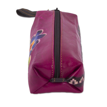 Cusco Bloom Magenta Leather Pencil Case with Hand Painted Flower