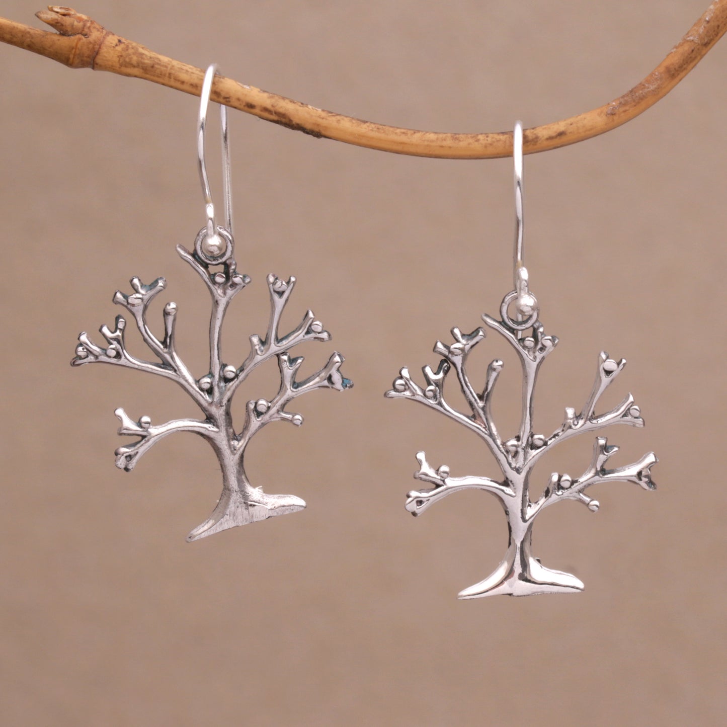 Dainty Bark Tree-Shaped Sterling Silver Dangle Earrings from Bali