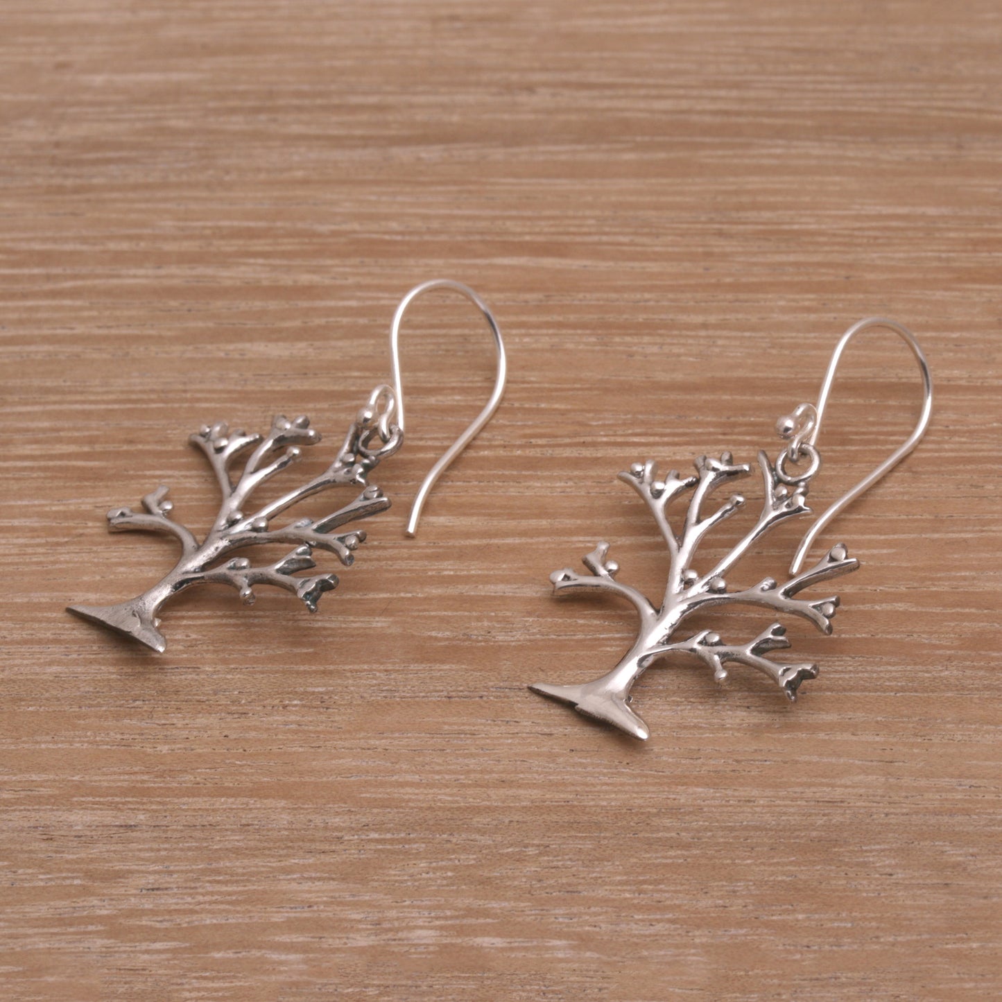 Dainty Bark Tree-Shaped Sterling Silver Dangle Earrings from Bali