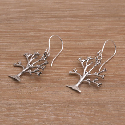 Dainty Bark Tree-Shaped Sterling Silver Dangle Earrings from Bali