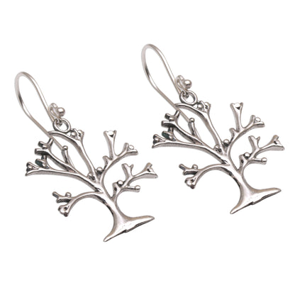 Dainty Bark Tree-Shaped Sterling Silver Dangle Earrings from Bali