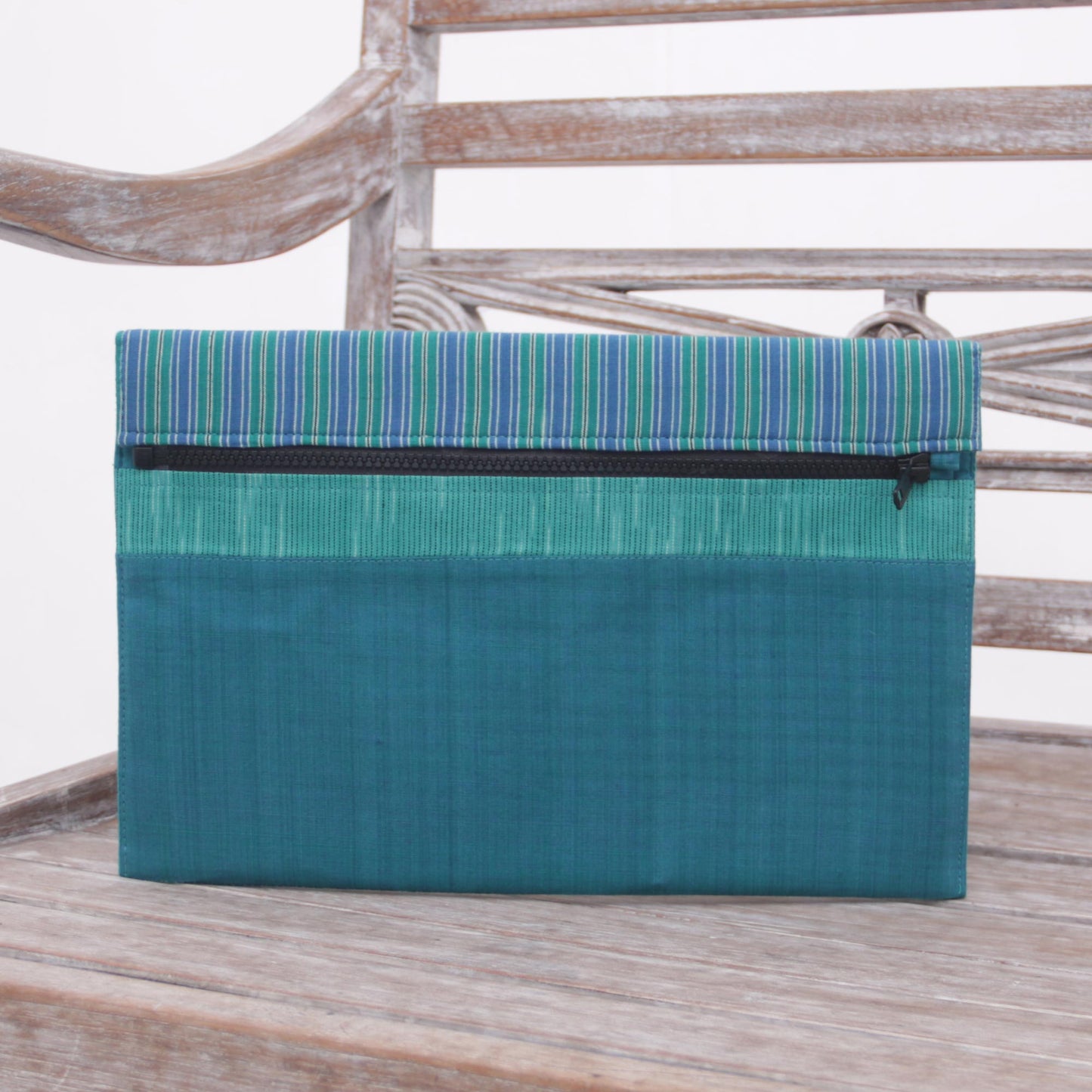 Lurik Guardian Teal' 100% Cotton Teal Green Striped Tablet Sleeve from Indonesia