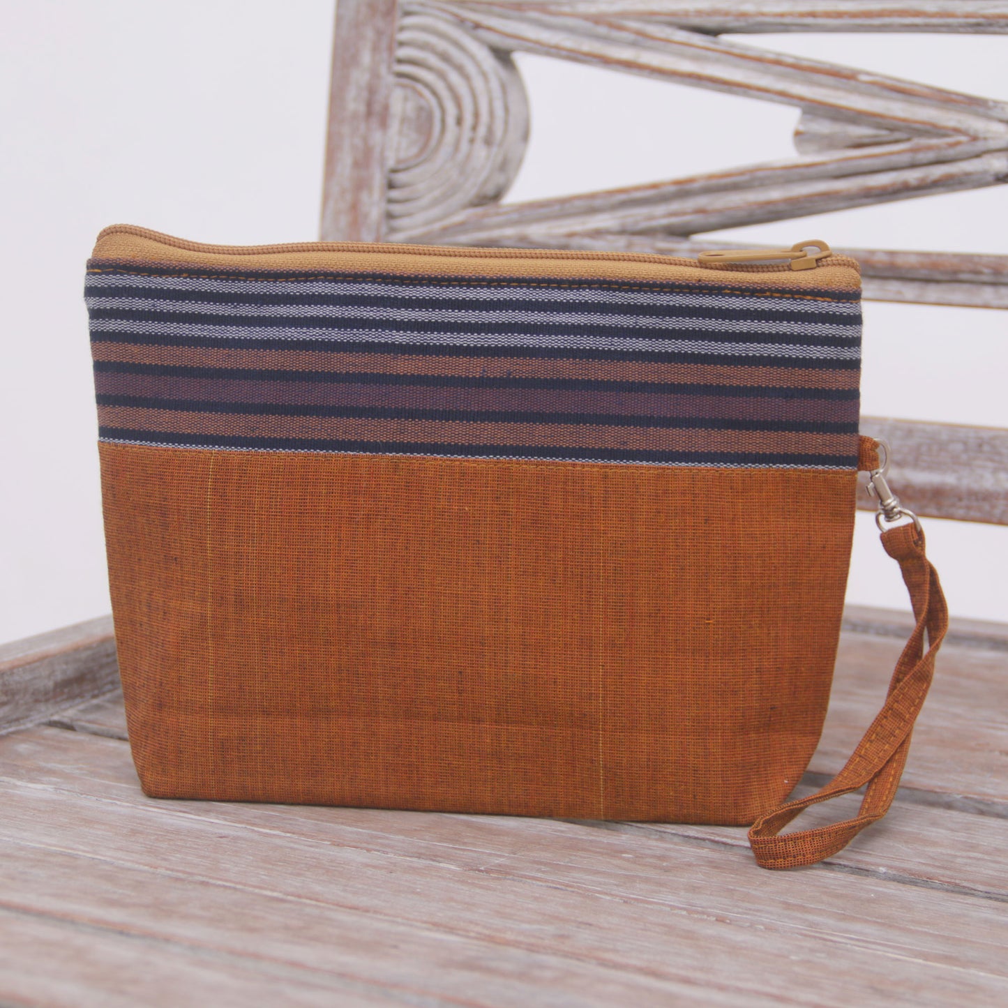 Lurik Parade Brown 100% Cotton Striped Brown Clutch Interior Pocket Wristlet