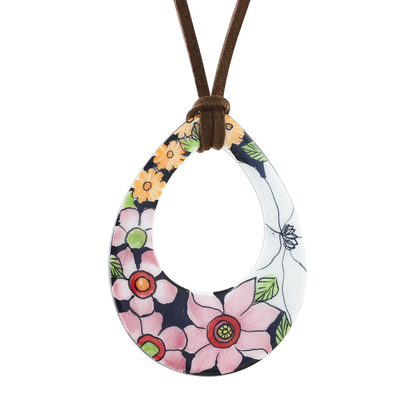 Bursting Blooms Ceramic Floral Pendant Necklace on a Faux Suede Cord