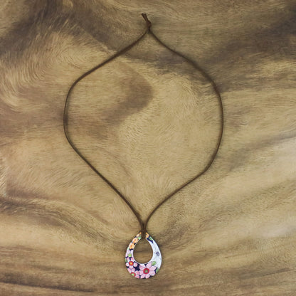 Bursting Blooms Ceramic Floral Pendant Necklace on a Faux Suede Cord