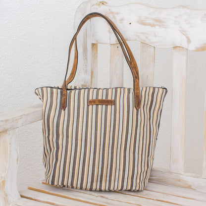 Modern Cafe Cream and Brown Striped Hand Woven Cotton Tote Bag