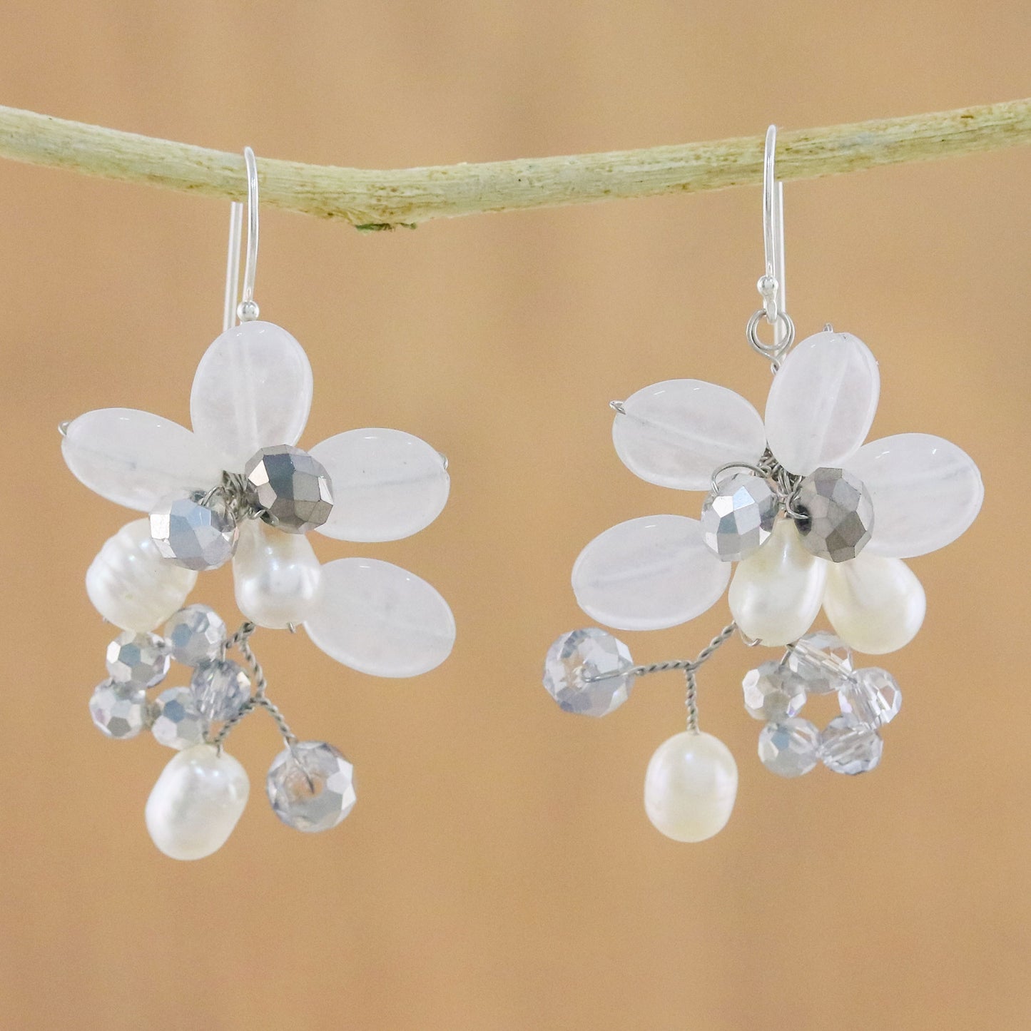 Winter Moment Cultured Freshwater Pearl White Quartz Cluster Earrings