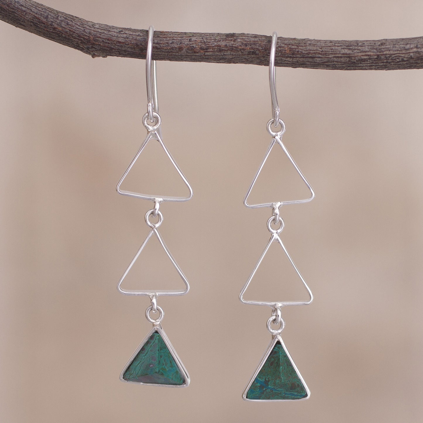 Green Triad Peruvian Sterling Silver and Chrysocolla Dangle Earrings