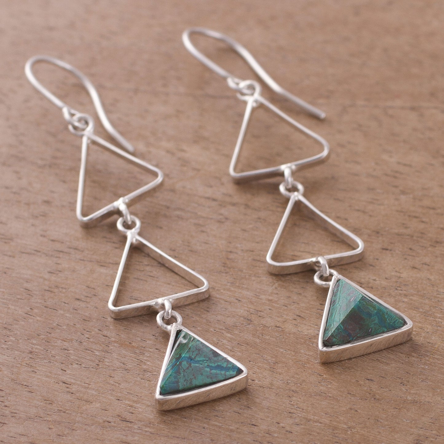 Green Triad Peruvian Sterling Silver and Chrysocolla Dangle Earrings