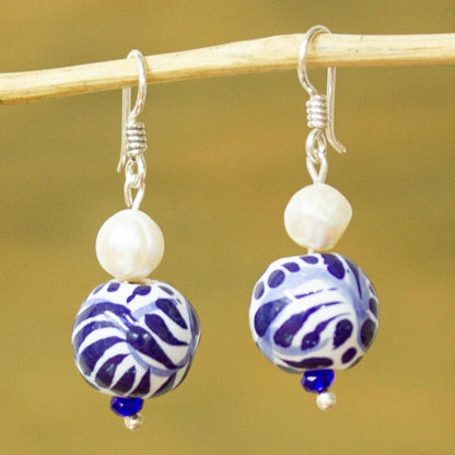 Indigo Bloom Cultured Pearl and Ceramic Puebla-Style Bead Dangle Earrings