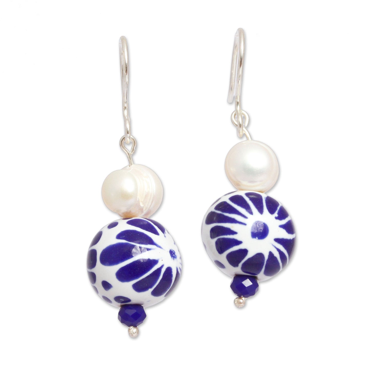 Indigo Bloom Cultured Pearl and Ceramic Puebla-Style Bead Dangle Earrings