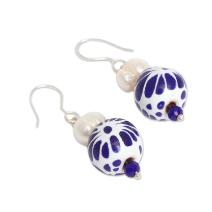 Indigo Bloom Cultured Pearl and Ceramic Puebla-Style Bead Dangle Earrings