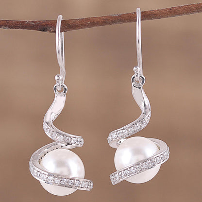 Gorgeous Swirls Swirling Rhodium Plated Cultured Pearl Earrings from India