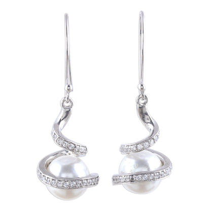 Gorgeous Swirls Swirling Rhodium Plated Cultured Pearl Earrings from India