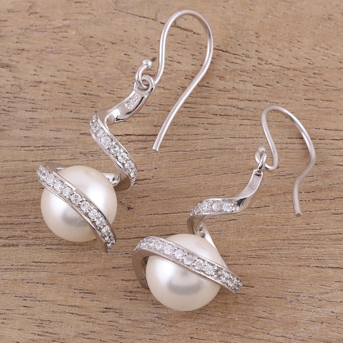 Gorgeous Swirls Swirling Rhodium Plated Cultured Pearl Earrings from India