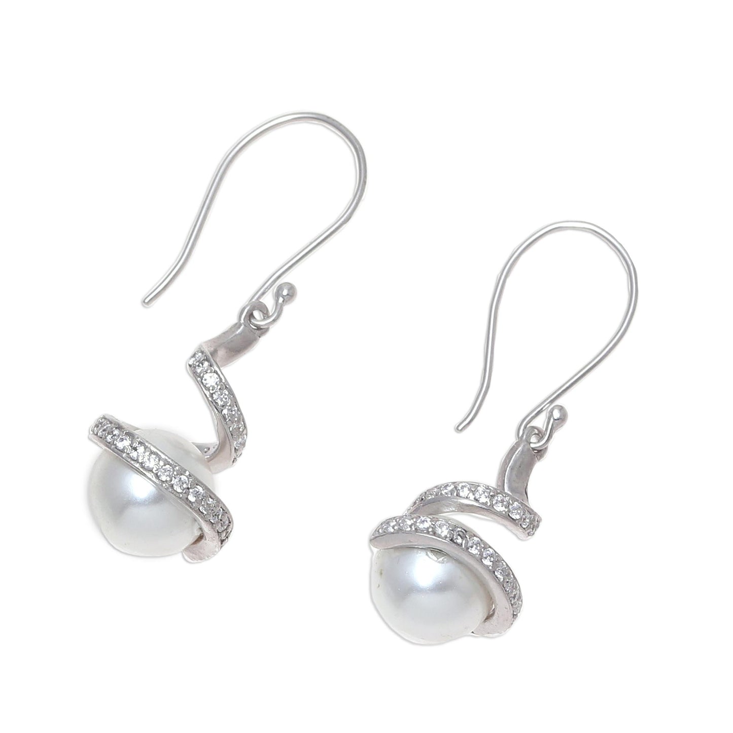 Gorgeous Swirls Swirling Rhodium Plated Cultured Pearl Earrings from India