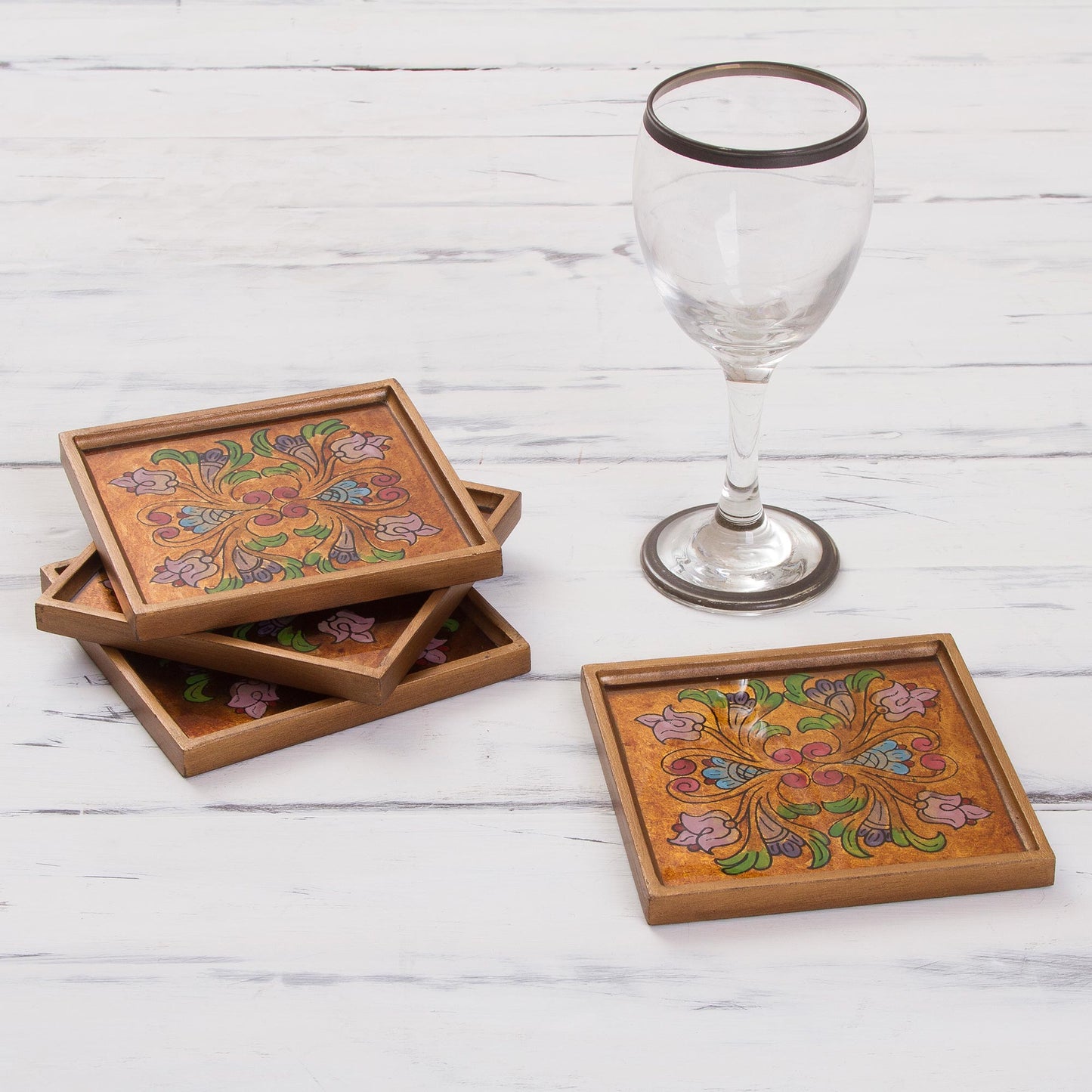 Floral Gold Reverse Painted Glass Floral Coasters (Set of 4) from Peru