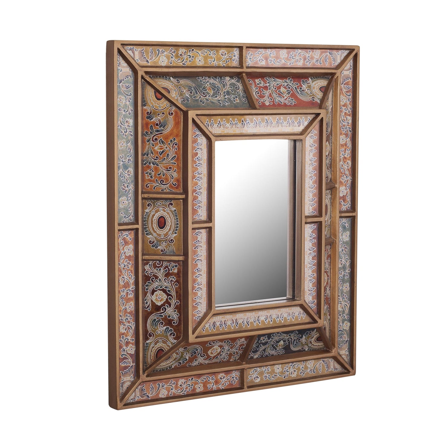 Colonial Charm Floral Reverse-Painted Glass Wall Mirror from Peru