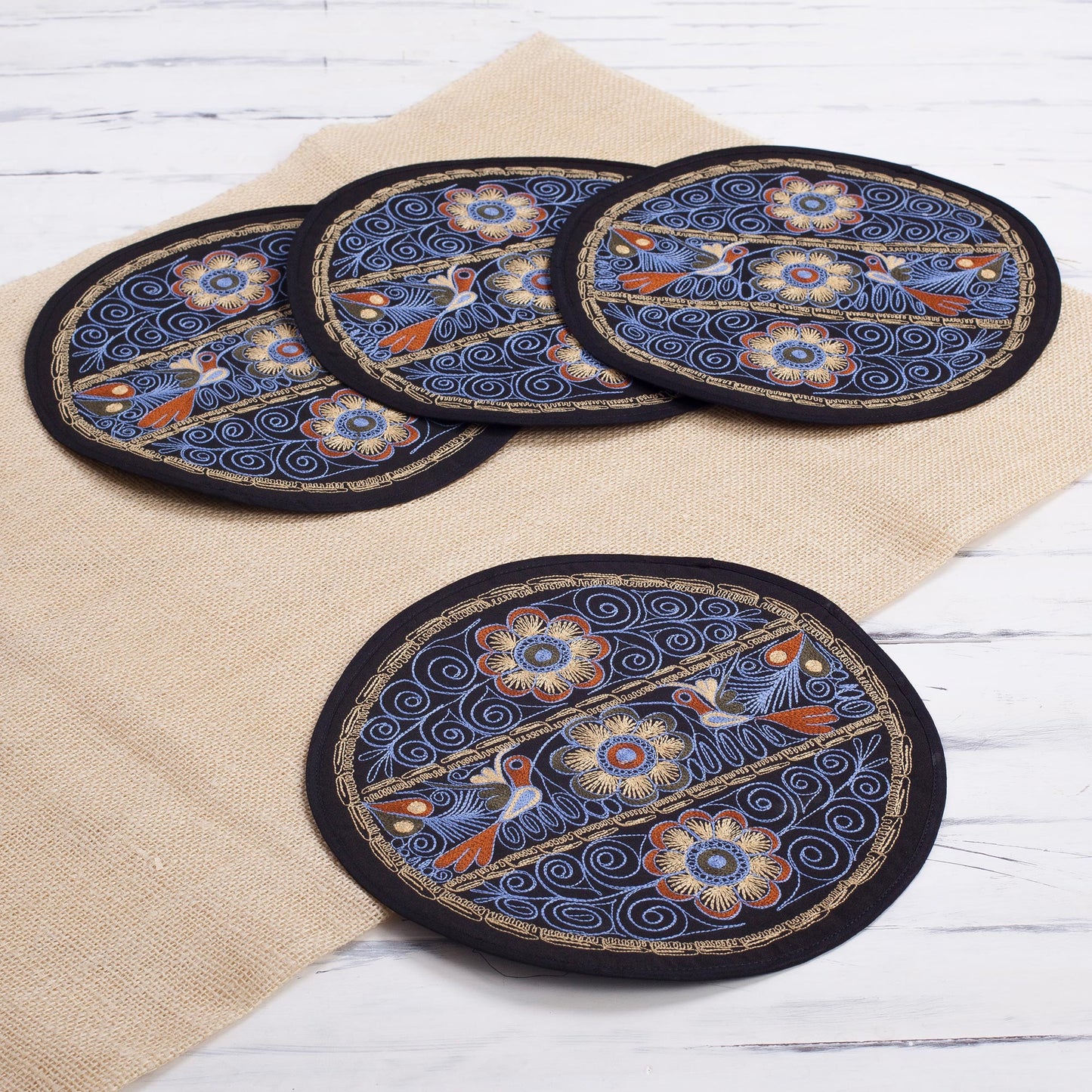 Flowering Colca in Sky Blue Floral Embroidered Peruvian Placemats in Sky Blue (Set of 4)