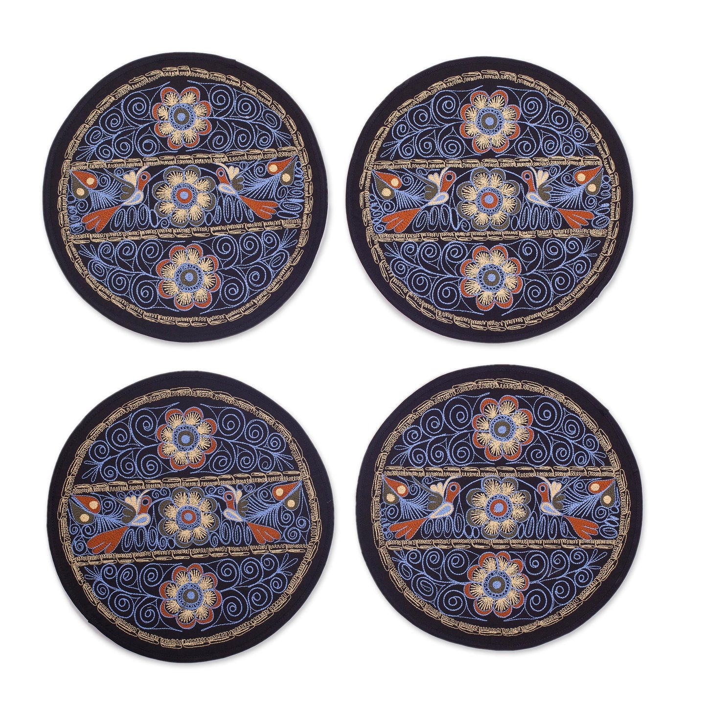 Flowering Colca in Sky Blue Floral Embroidered Peruvian Placemats in Sky Blue (Set of 4)