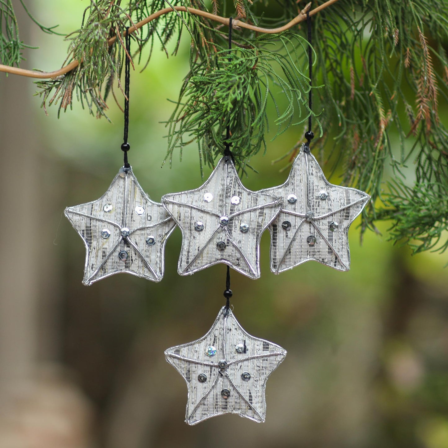 New Life Stars Recycled Newspaper Star-Shaped Holiday Ornaments (Set of 4)