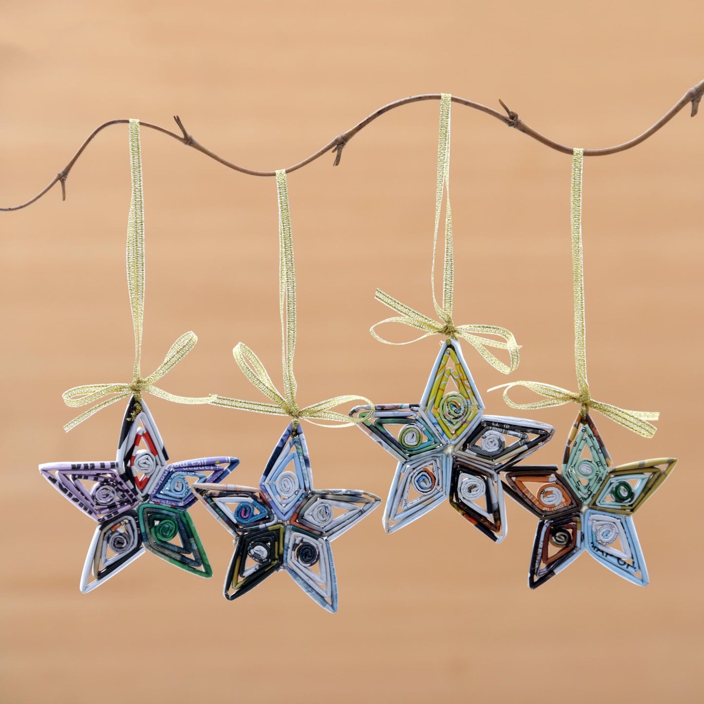 Dangling Starlight Artisan Crafted Recycled Magazine Ornaments Set of 4