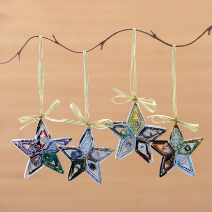 Dangling Starlight Artisan Crafted Recycled Magazine Ornaments Set of 4