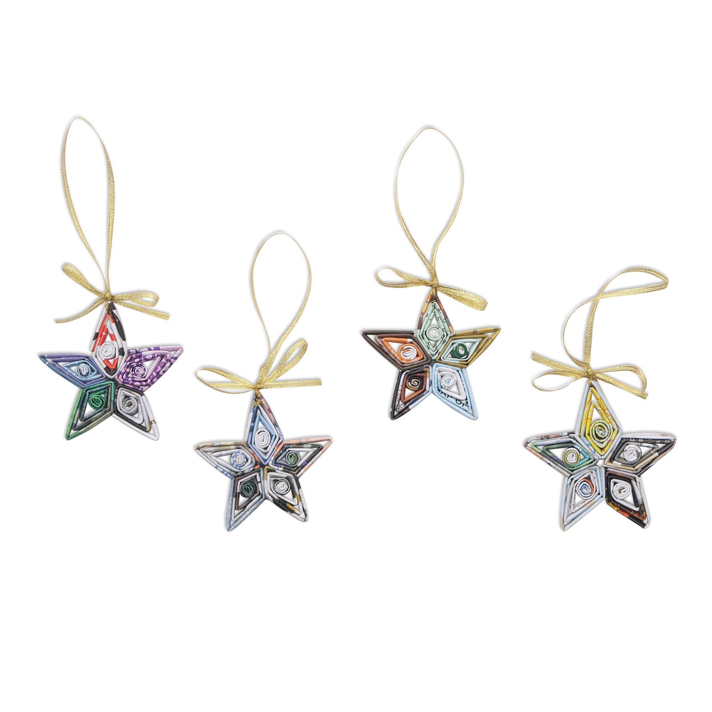 Dangling Starlight Artisan Crafted Recycled Magazine Ornaments Set of 4