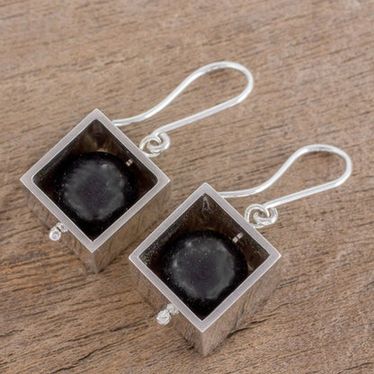 Frames Square Sterling Silver Frame with Onyx Orb Dangle Earrings