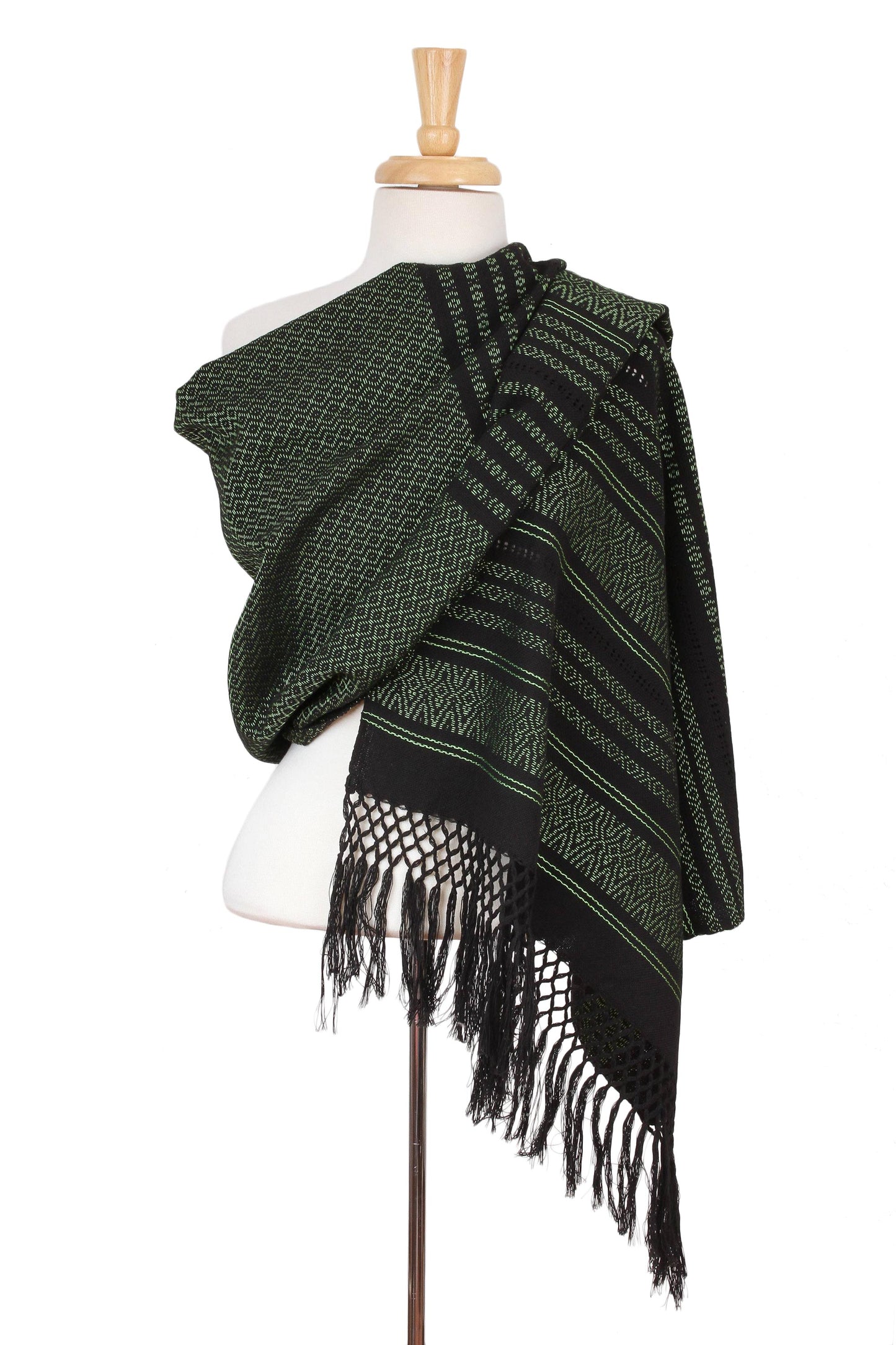 Evening Drama Green on Black Handwoven Fringed Mexican Rebozo Shawl