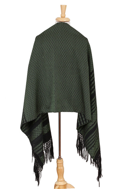 Evening Drama Green on Black Handwoven Fringed Mexican Rebozo Shawl